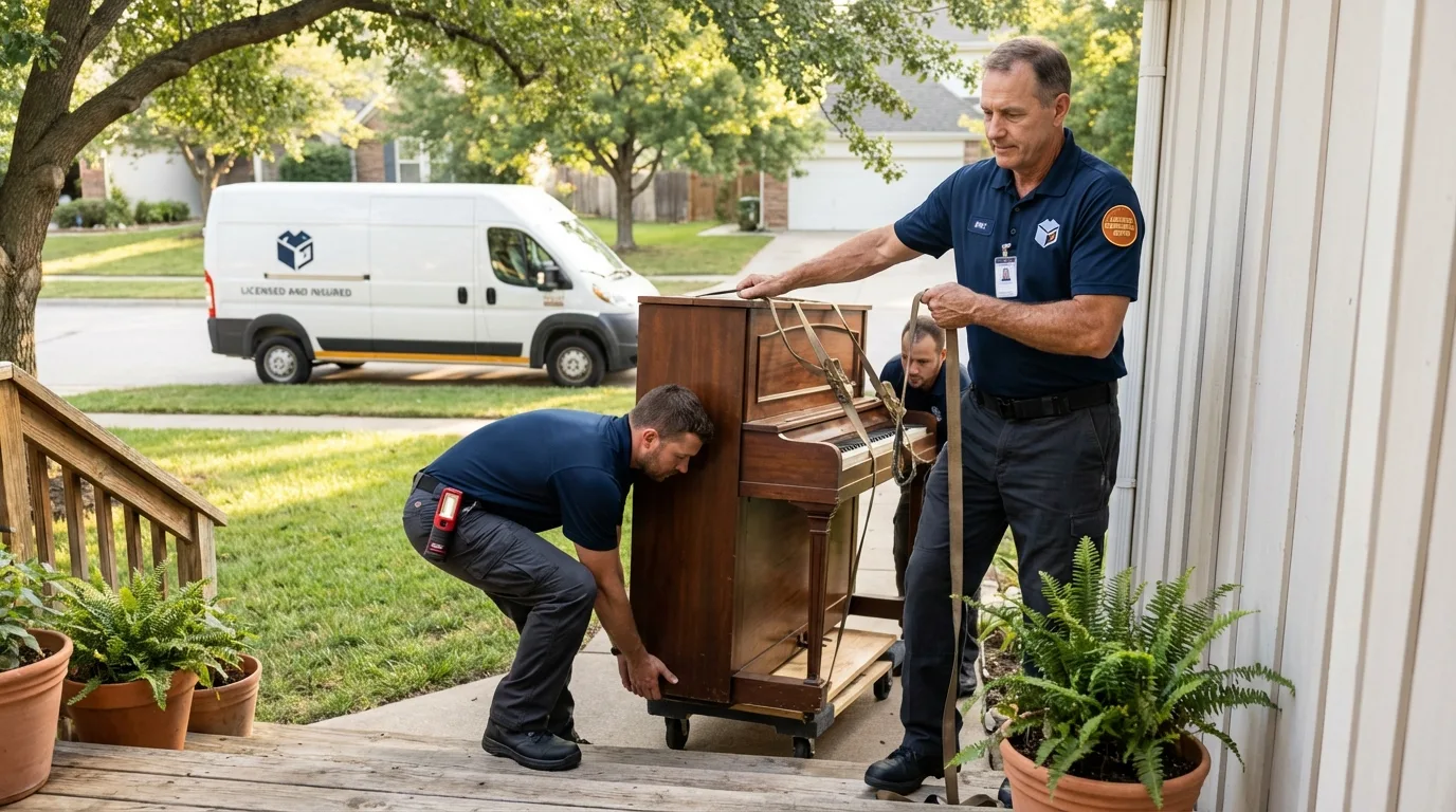 Licensed piano movers securing grand piano in Jonesboro, LA