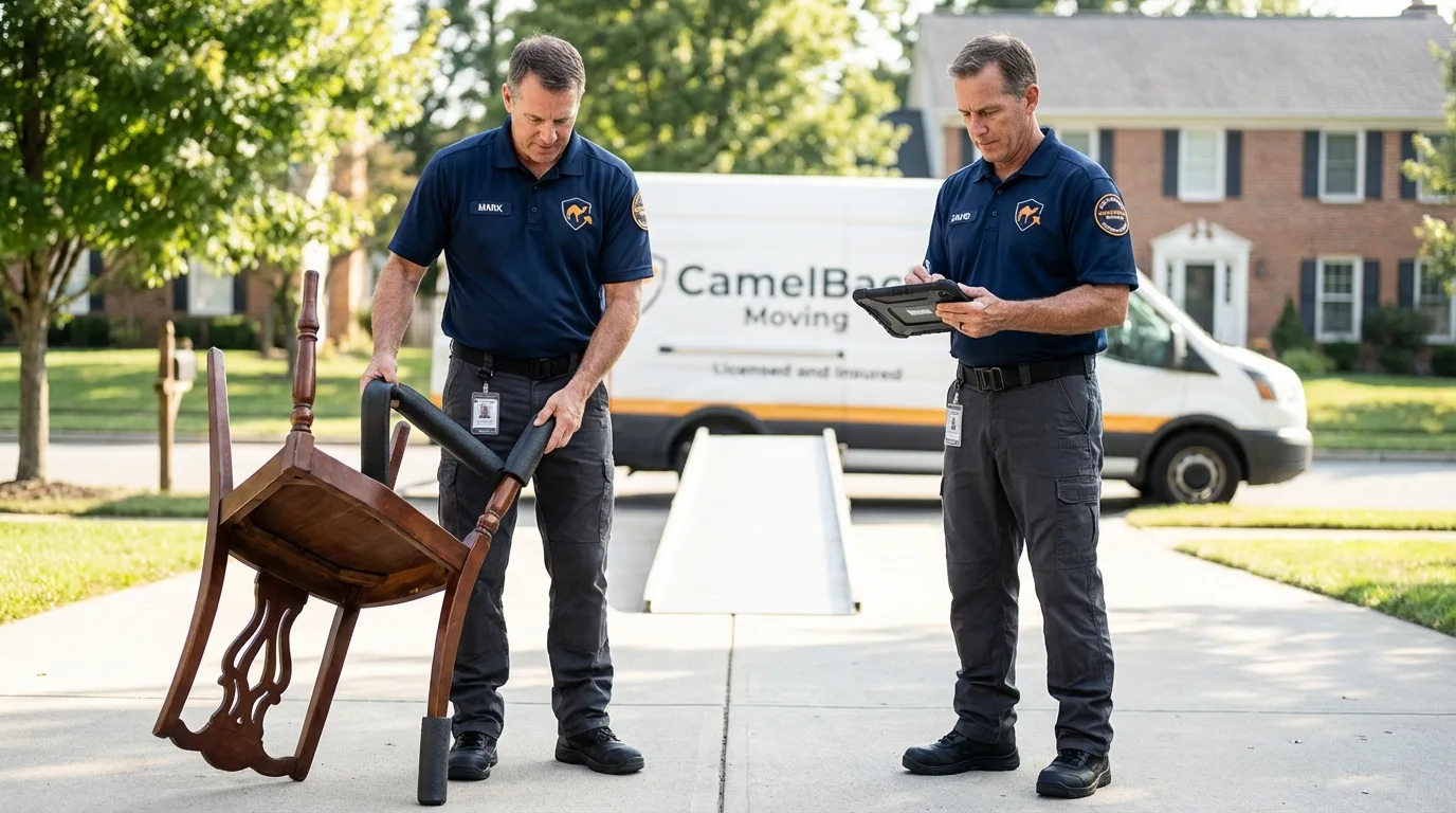 Movers inspecting furniture for damage prevention before loading in Jonesboro, LA