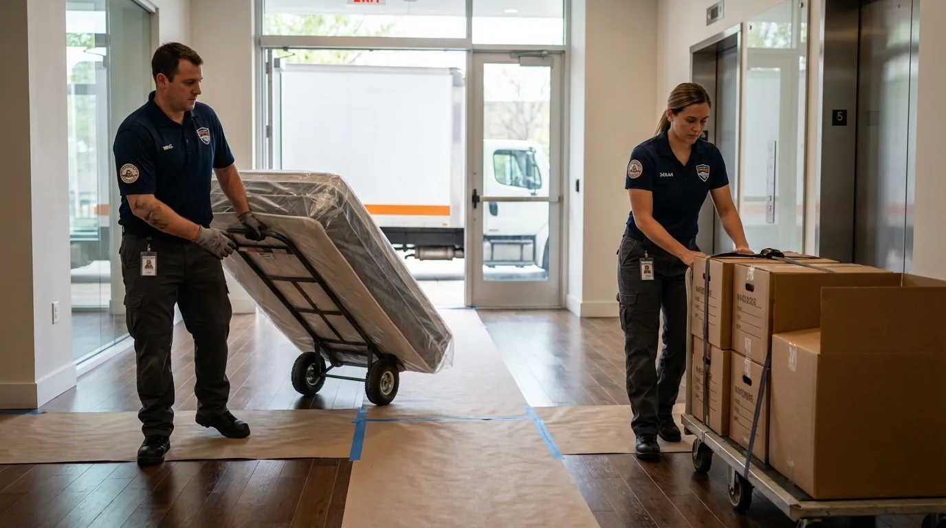 Professional apartment movers loading elevator in Jonesboro, LA